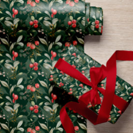 Papel De Presente Elegante Clássico Verde e Berries Natal