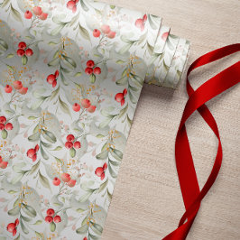 Papel De Presente Elegante Clássico Verde e Berries Natal