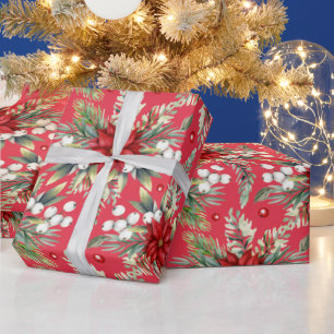 Papel De Presente Elegante Clássico Verde Vermelho de Poinsettia Nat