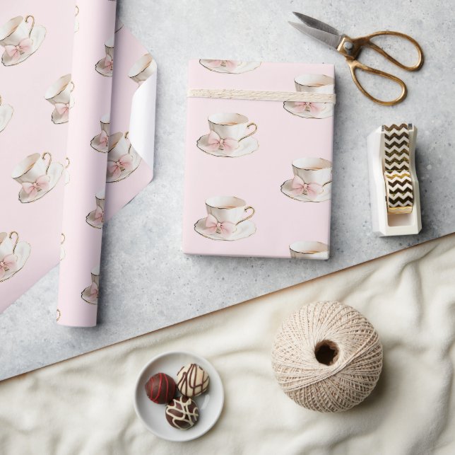 Papel De Presente Elegante Coquette Preppy Pink Teacup com Arco (Artesanato)