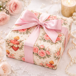 Papel De Presente Elegante Coração Católico de Maria Rosas Rosa