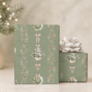 Papel De Presente Elegante Coroa de Natal em Aquarela Sage
