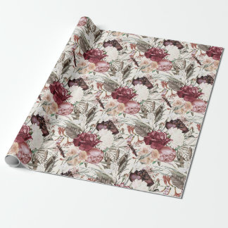 Papel De Presente Elegante Creme Floral Verde Burgundy Vinho