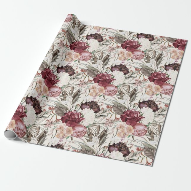 Papel De Presente Elegante Creme Floral Verde Burgundy Vinho  (Desenrolado)