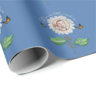 Papel De Presente Elegante Daisy Blue Floral Cute Baby Photo e Name