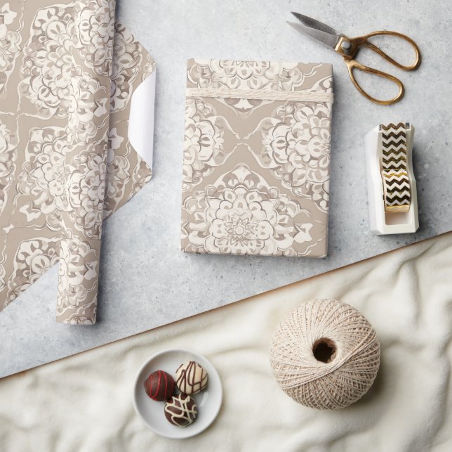 Papel De Presente Elegante Damasco Creme Bege  (Artesanato)