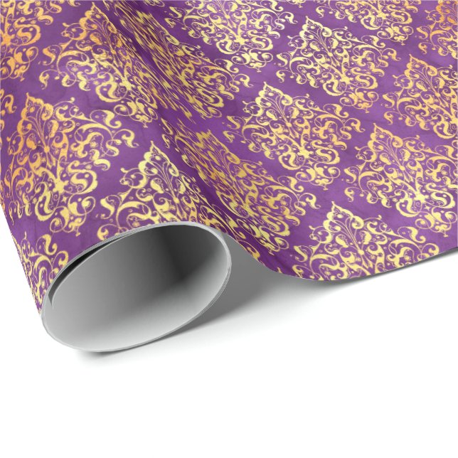 Papel De Presente Elegante Damask Halloween Spell Dourado Púrpura Pa (Ponta do rolo)
