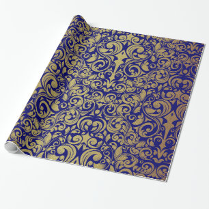 Papel De Presente Elegante Dourado Brilhante Real Azul Damasco
