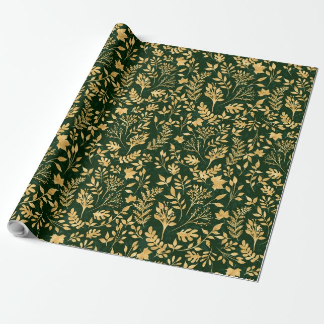 Papel De Presente Elegante, Dourado Design verde da Floresta de Folh (Desenrolado)