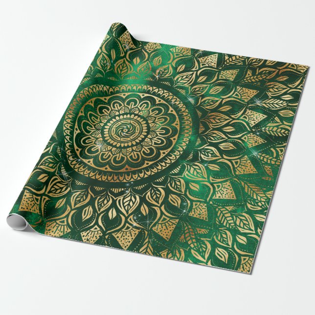 Papel De Presente Elegante Dourado Mandala Floral Verde (Desenrolado)