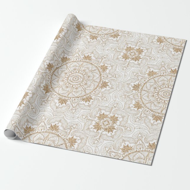 Papel De Presente Elegante Dourado Olho Sol Lua Mandala Branco (Desenrolado)