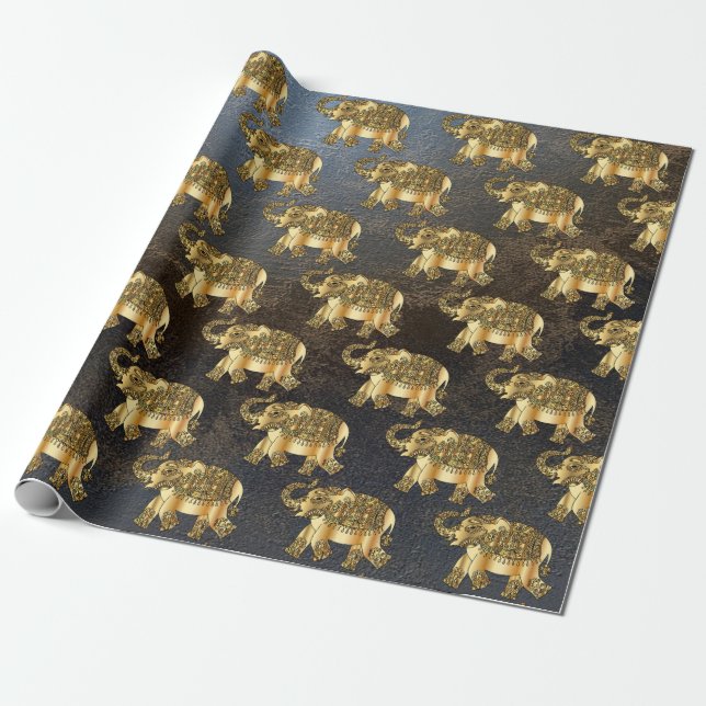 Papel De Presente Elegante Dourado Paisley Floral Elephant, Leather  (Desenrolado)