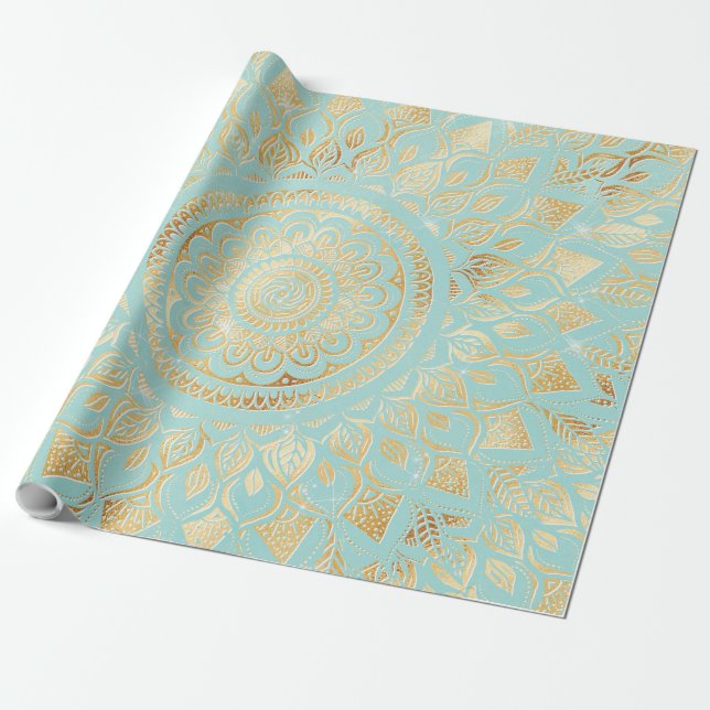 Papel De Presente Elegante Dourado Teal Mandala Floral (Desenrolado)