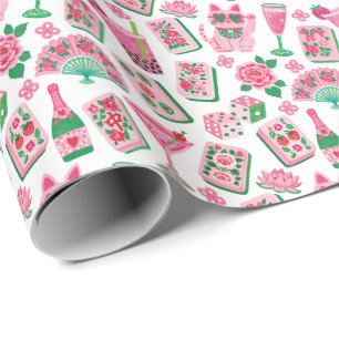 Papel De Presente Elegante e Excêntrico Rosa e Verde Festa de Mahjon