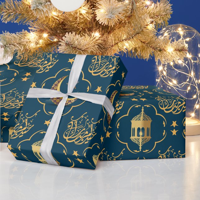 Papel De Presente Elegante Eid Mubarak Caligrafia Árabe dourado azul (eid mubarak gift wrap script typography fitr pattern muslim crescent adha ramadan holiday joy)