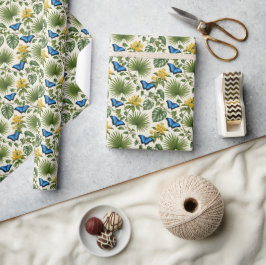 Papel De Presente Elegante Embrulho Botânico de Borboleta Azul