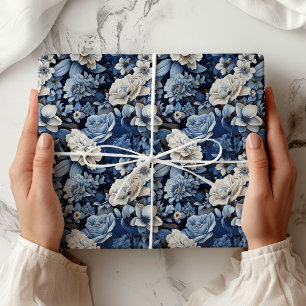Papel De Presente Elegante Embrulho de Luxo Floral Branco Marfim Azu