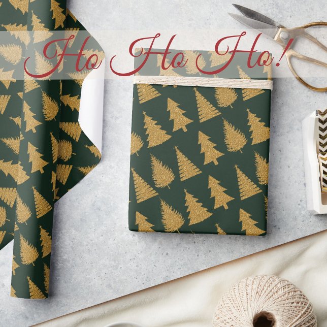 Papel De Presente Elegante Emerald Green Dourada Árvores de Natal (Criador carregado)