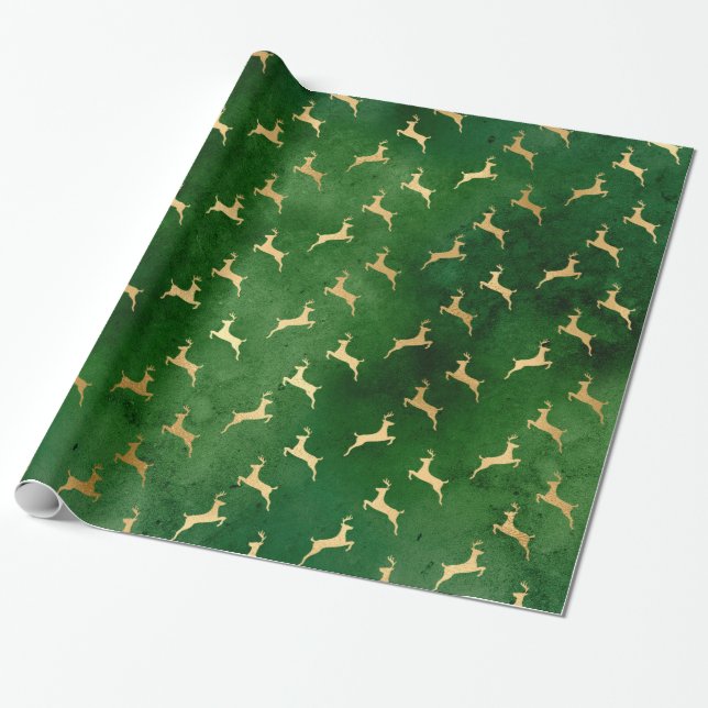 Papel De Presente Elegante Emerald Green e Dourado Reindeer Natal (Desenrolado)