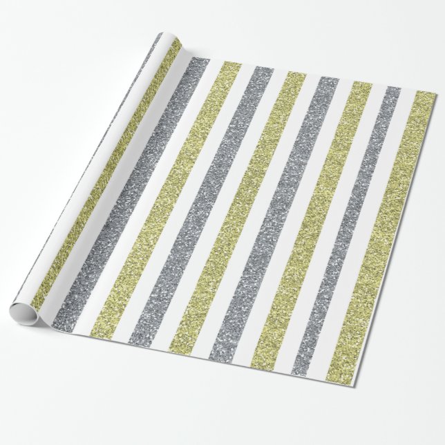 Papel De Presente Elegante Faixa Verde Prateada com Brilho para Feri (Desenrolado)