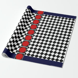 Papel De Presente Elegante faixa vermelha de xadrez preto e branco c