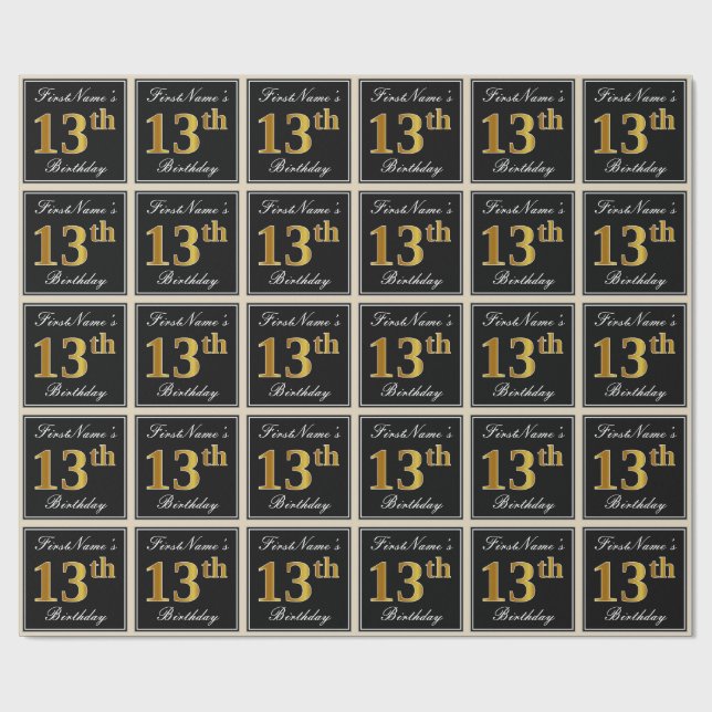 Papel De Presente Elegante, Faux Dourado 13 Birthday + nome personal (Aberto)