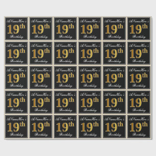 Papel De Presente Elegante, Faux Dourado 19 Aniversário + Nome Pers