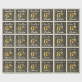 Papel De Presente Elegante, Faux Wood, Faux Dourada 6 Birthday + Nom