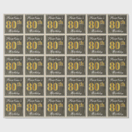 Papel De Presente Elegante, Faux Wood, Faux Dourada 80 Birthday + No