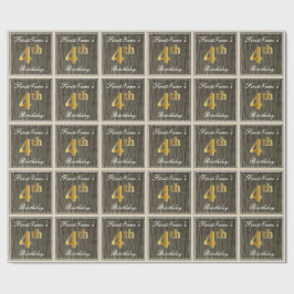 Papel De Presente Elegante, Faux Wood, Faux Dourado 4º Aniversário +