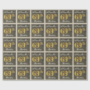 Papel De Presente Elegante, Faux Wood, Faux Dourado 69º Aniversário 