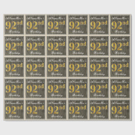 Papel De Presente Elegante, Faux Wood, Faux Dourado 92º Aniversário 