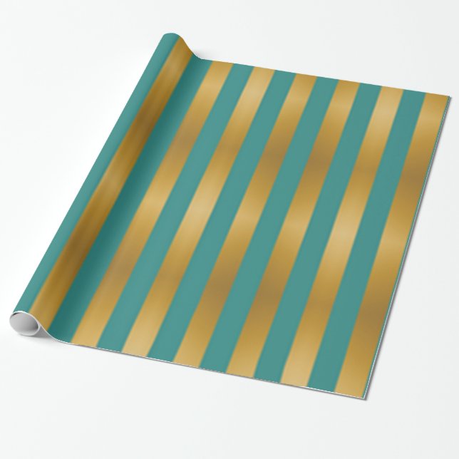 Papel De Presente Elegante Festa Listrada de Ouro Verde (Desenrolado)