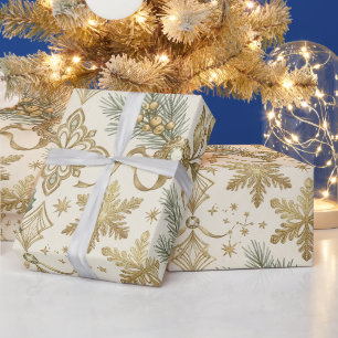 Papel De Presente Elegante Floco de Neve de Natal em Dourado Vintage
