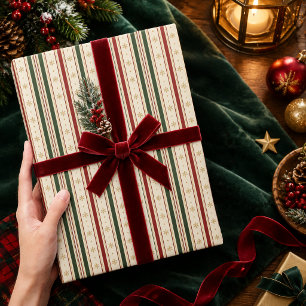 Papel De Presente Elegante Floco de Neve Listrado de Vermelho e Verd