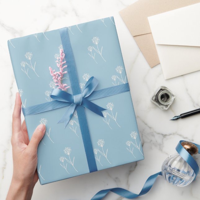 Papel De Presente Elegante Flor Simples em Azul Poeirento (Presentear)