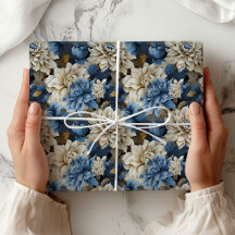 Papel de Presente Elegante Floral Azul Marinho Mar