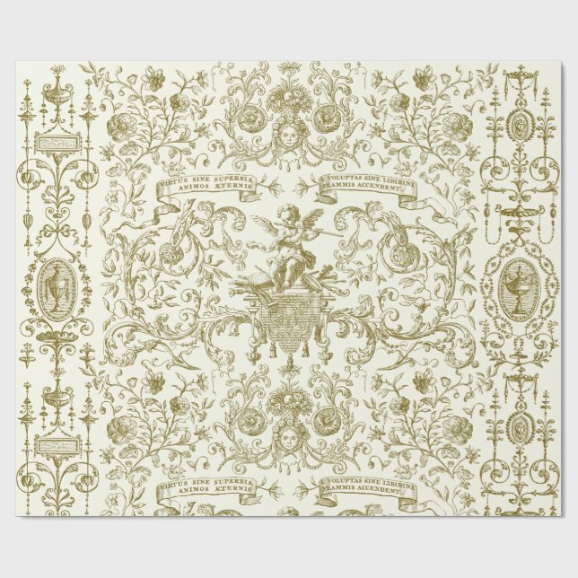 Papel De Presente Elegante Floral Barroco Dourado Bege  (Aberto)