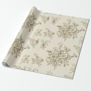 Papel De Presente Elegante Floral Bege Dourado Vintage