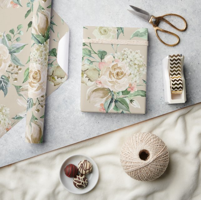 Papel De Presente Elegante Floral Botânico de Champanhe Creme Casame (Artesanato)