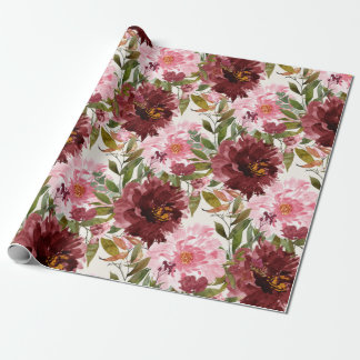 Papel De Presente Elegante Floral Botânico em Aquarela Rosa Borgonha