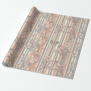 Papel De Presente Elegante Floral de Ave com Listras de Pêssego (2)