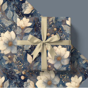 Papel De Presente Elegante Floral de Natal de Inverno Creme e Azul-M