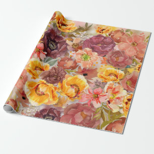 Papel De Presente Elegante Floral em Aquarela Laranja Queimado Ferru