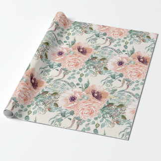 Papel De Presente Elegante Floral em Aquarela Rosa com Folhas Verde-