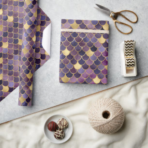 Papel De Presente Elegante Folha Ombre Roxo e Escamas de Sereia Dour