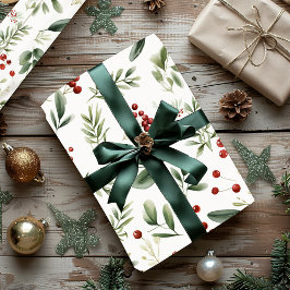 Papel De Presente Elegante Folhagem de Natal & Frutas Vermelhas Feri