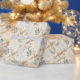 Papel De Presente Elegante Folhagem de Sage em Aquarela e Arco Doura