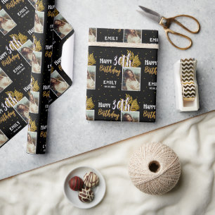 Papel De Presente Elegante Folhagem Preto Ouro Aniversário de 30 ano