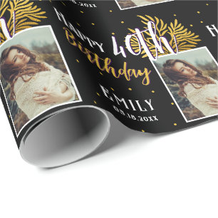 Papel De Presente Elegante Folhagem Preto Ouro Aniversário de 40 ano